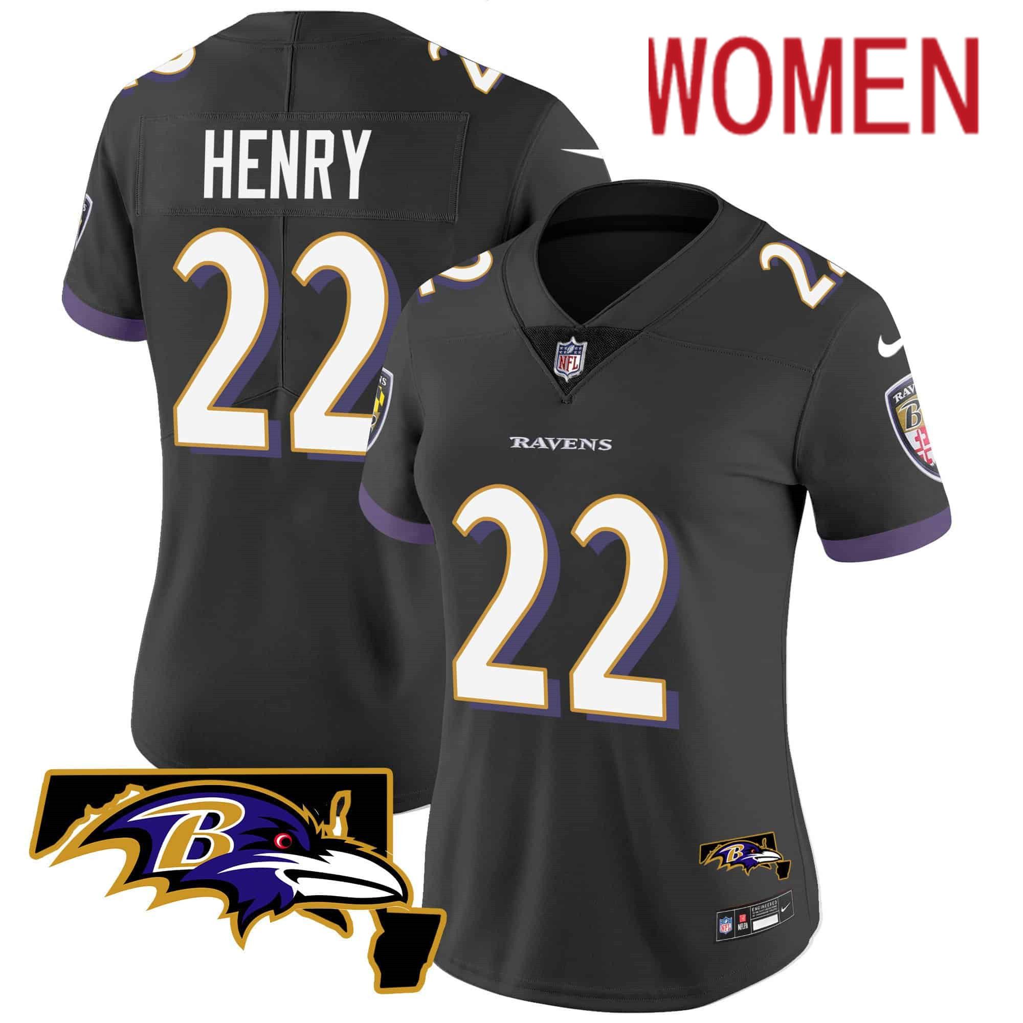 Women Baltimore Ravens #22 Henry Black 2024 Nike Maryland Patch Vapor Limited NFL Jersey style 1